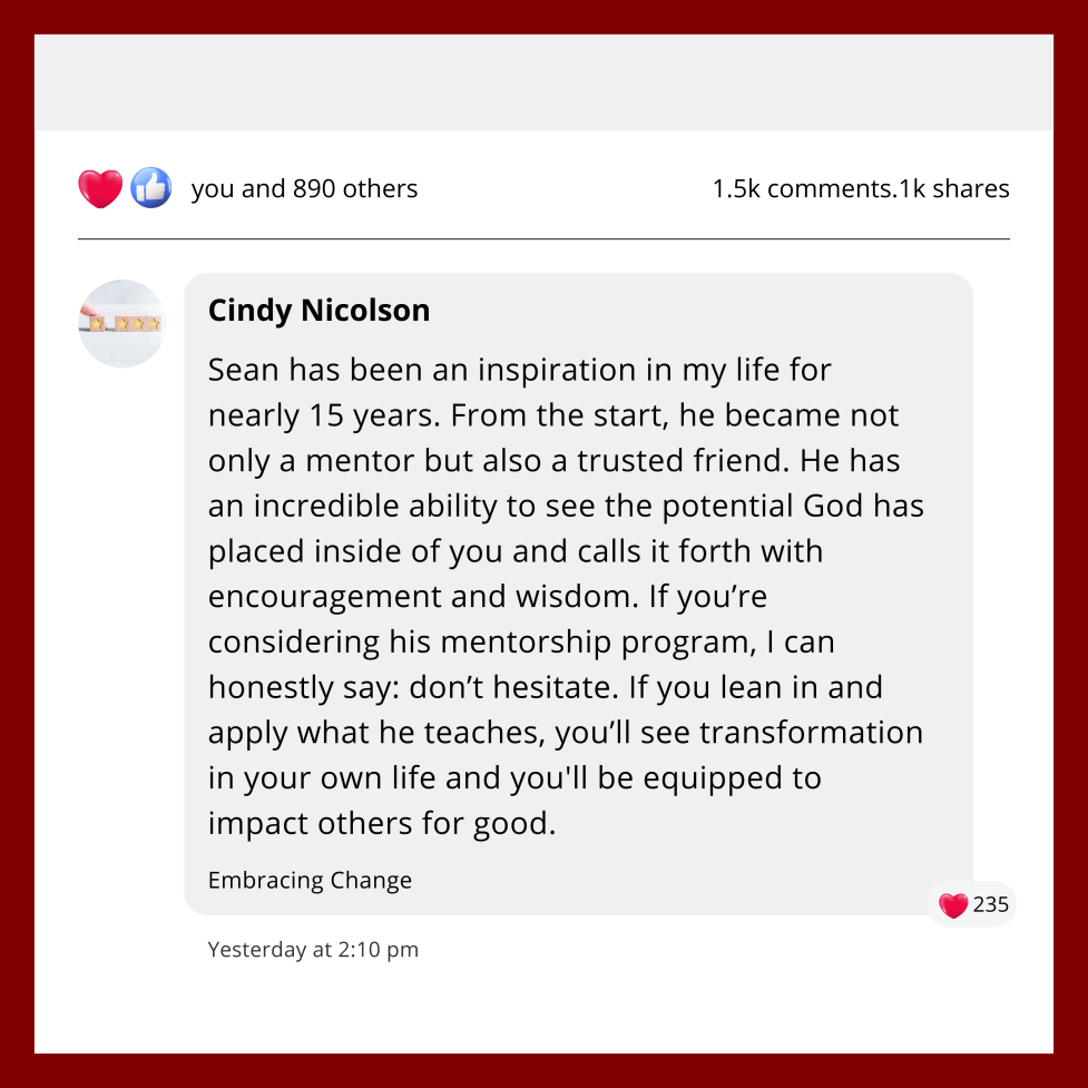 Testimonial from Cindy Nicolson about Sean's mentorship
